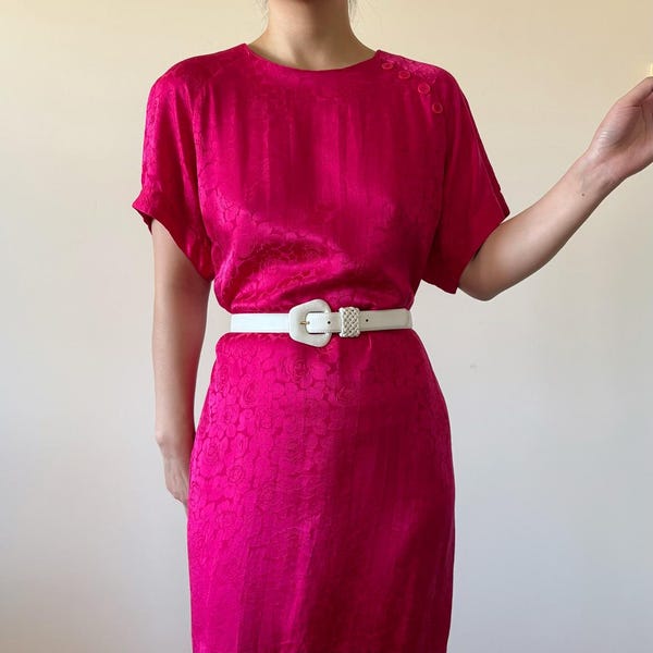 vintage dress silk dress midi dress maxi dress low waist hot pink floral ruffle dress 80s retro vintage style dress statement size M