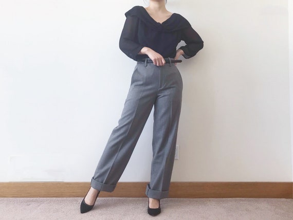 vintage wool pants high waist minimalist gray wid… - image 8