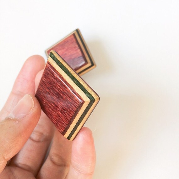 vintage wooden earrings wooden square wooden stud… - image 4