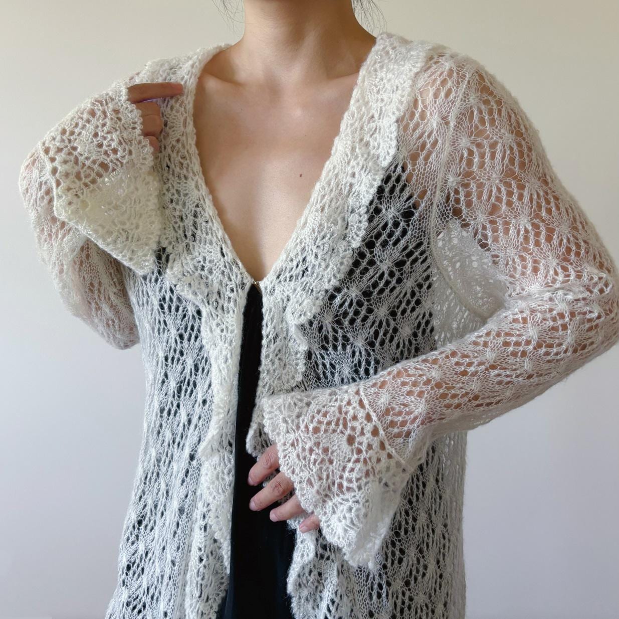 Vintage Cardigan Crochet Sweater Long Cardigan Mohair Ruffle