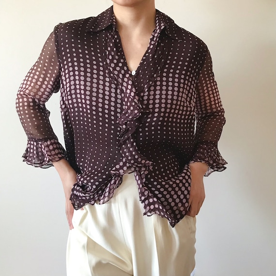 トップス Vintage silk top Vintage Silk Blouse Silk Shirt Silk Top Ruffle Brown Pink