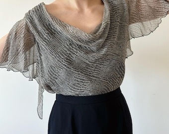 Blusa de seda vintage, camisa de seda, top de seda, manga corta, estilo retro vintage de los años 90, Y2K, marrón, minimalista, cuello vuelto, armario cápsula, talla L/XL
