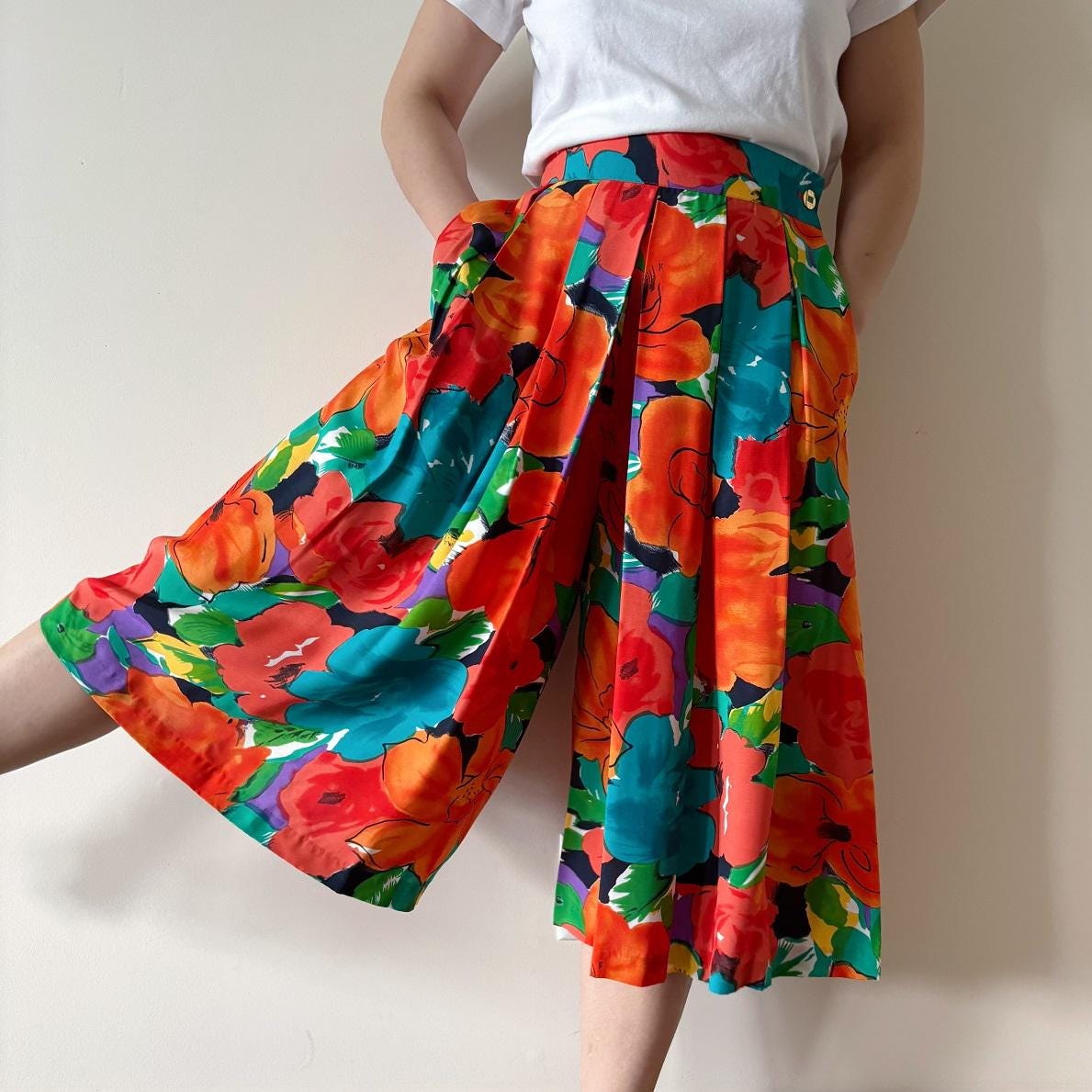 Vintage Culottes Wide Leg Pants High Waist Gauchos Pleated Floral