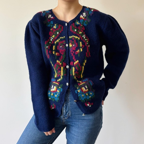 vintage wool cardigan vintage wool sweater blue 80s 90s retro vintage style floral embroidered knit button down size L
