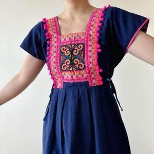 vintage dress embroidered dress midi dress Hmong dress tribal oriental dress beaded blue indigo pink field dress handmade size M