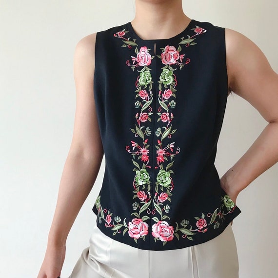 vintage silk shirt silk top embroidered floral si… - image 1