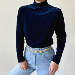 vintage velvet top blue long sleeve turtleneck minimalist capsule wardrobe velvet 90s retro style vintage blouse vintage shirt size S/M