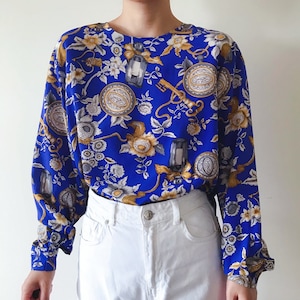 vintage silk blouse floral silk top royal blue chain silk shirt 80s silk top abstract pattern button down shirt size M