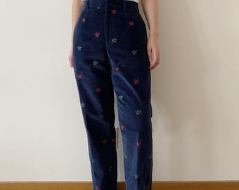 vintage corduroy pants corduroy slacks corduroy trousers high waist blue pants  90s retro vintage style Christmas holiday poinsettia size 28