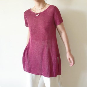 vintage linen knit top Eileen Fisher short sleeve minimalist linen blouse long shirt tunic size M