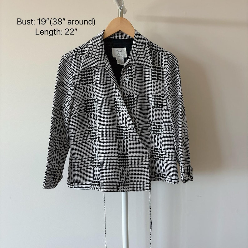 vintage silk blouse silk shirt silk top black white sequin beaded minimalist style tie waist wrap surplice top hounds tooth size S/M image 4