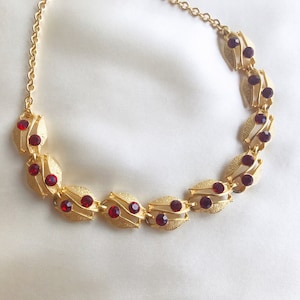 vintage golden necklace red rhinestone gold chain necklace statement necklace retro cocktail necklace