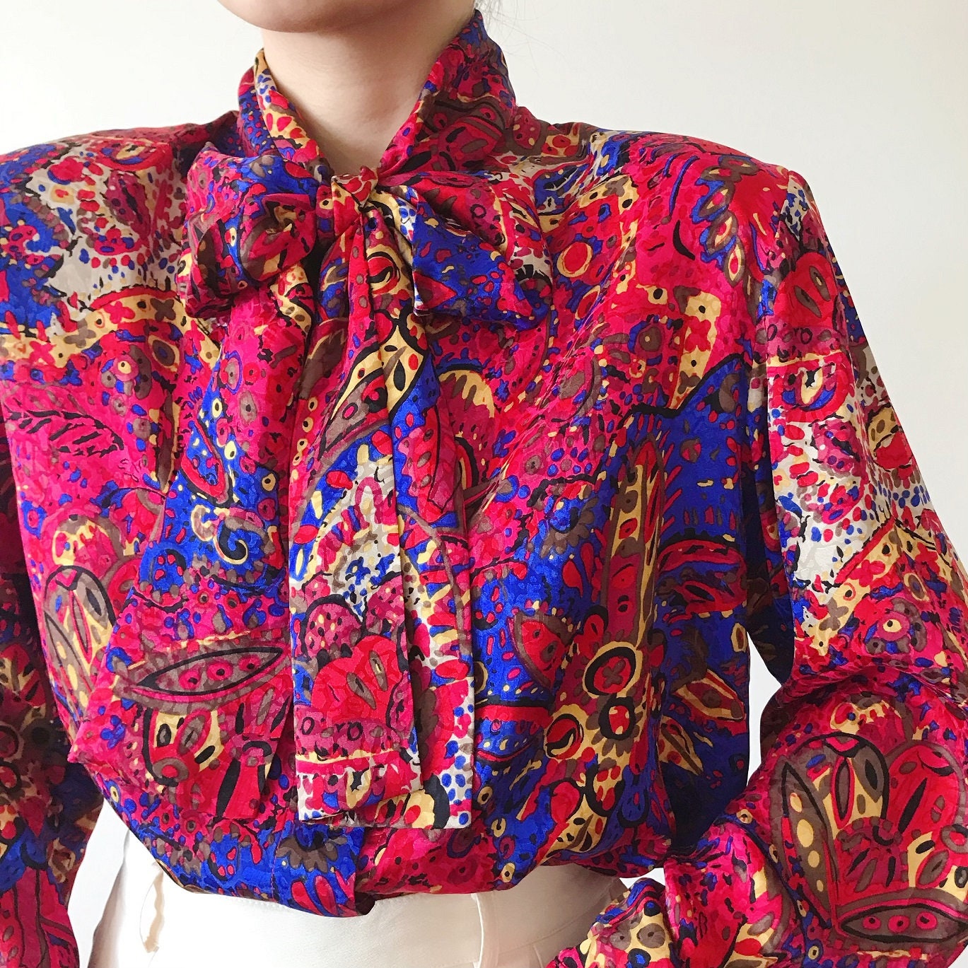 vintage silk blouse silk shirt silk top red blue button down tie neck tie collar 80s style rainbow color art painting dots colorful size M/L