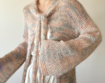 Suéter cárdigan vintage, abrigo, tejido a mano, color pastel, arcoíris, degradado, azul, rosa, amarillo, mohair, estilo vintage, suéter vintage, talla S
