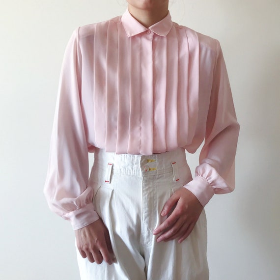 vintage silky blouse pink blush pleated silky shi… - image 3