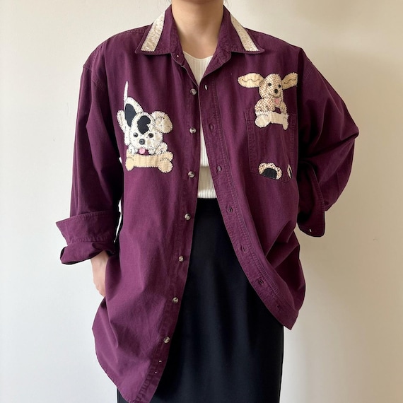 vintage blouse cotton button down shirt vintage top burgundy patched 90s retro vintage style embroidered dog puppy size L/2X