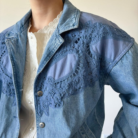 Vintage Denim Jacket Denim Blazer Jean Jacket Patch Work Lace