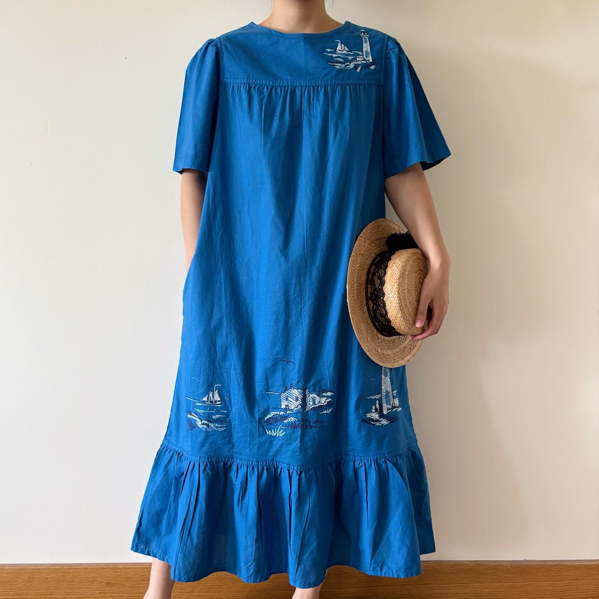 Vintage Dress Moomoo Dress Midi Dress Maxi Dress Blue Smock Dress 90s Retro  Vintage Style Embroidered Ruffle Cotton Lighthouse Size M/L - Etsy