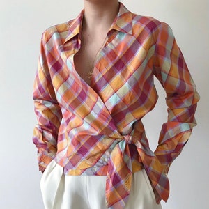 vintage silk blouse gold pink plaid wrapped shirt tied shirt silk top silk shirt classic design button down shirt 90s retro style size S/M