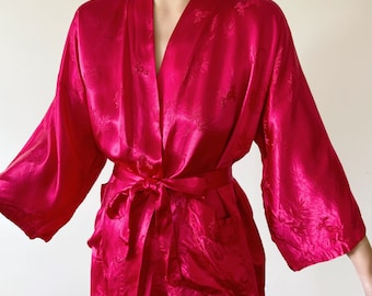 vintage silk robe kimono style embroidered silk robe silk gown silk duster silk kimono oriental style robe red size S/M/L