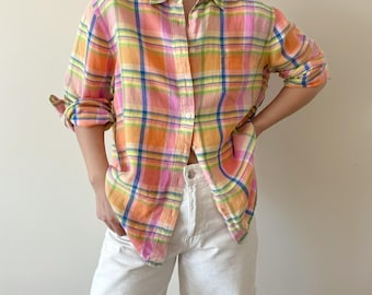 Blusa de lino vintage, top de lino, camisa de lino abotonada, cuadros rosas y naranjas, estilo minimalista retro vintage de los 90, estilo oversize boyfriend, talla XL
