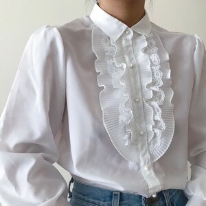 vintage blouse jabot blouse ruffle chest lace blouse white shirt sheer button down 60s retro style capsule wardrobe Made in USA size S/M