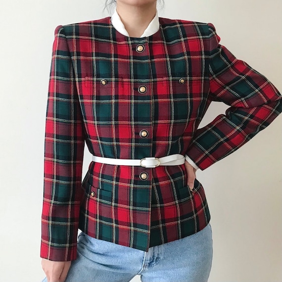 vintage blazer vintage  jacket classic design fitted jacket plaid holiday Christmas outfit minimalist jacket size S/M
