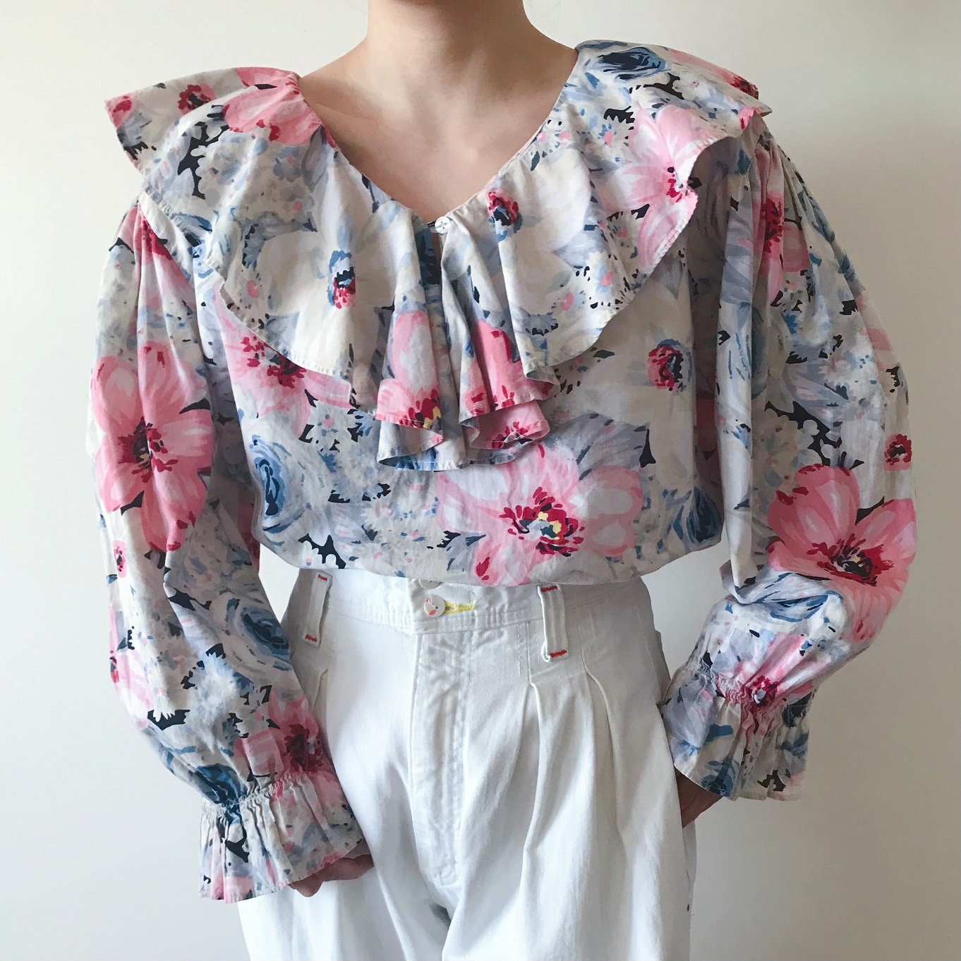 Vintage Poet Blouse Ruffle Blouse Oversized Shirt Floral Pink 