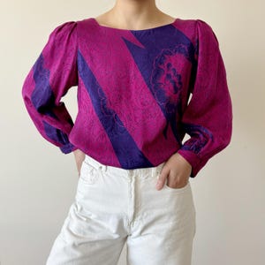 vintage silk blouse silk shirt silk top button down floral pink purple 80s retro style paisley vintage style size M