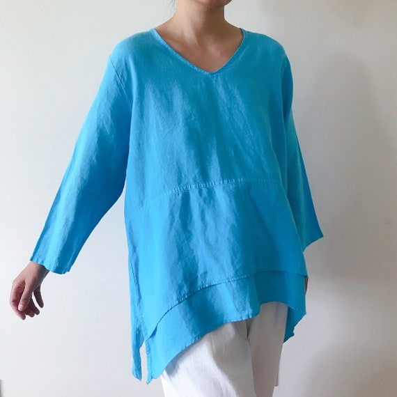 vintage linen blouse asymmetrical blue linen mini… - image 2