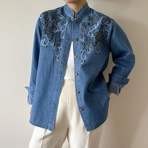 vintage denim blouse denim shirt denim top denim jacket blue button down floral embroidered oriental style 90s retro vintage style size M