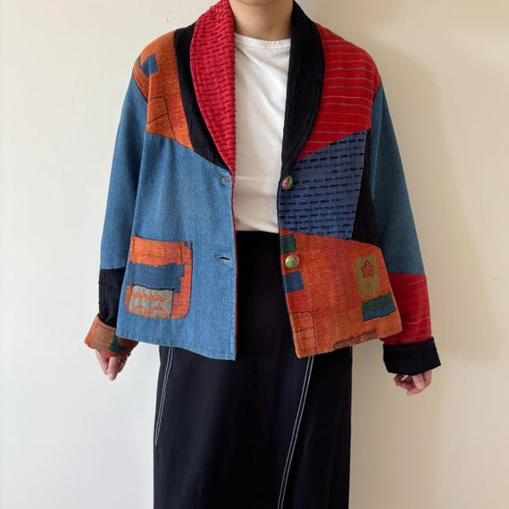 vintage jacket patchwork jacket denim blue red or… - image 1