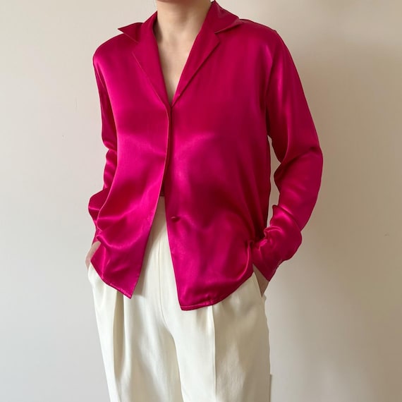 Vintage Silk Blouse Charmeuse Metallic Satin Silk Shirt Minimalist Silk Top Hot Pink Classic Button Down Shirt 90s Y2K Size S/M