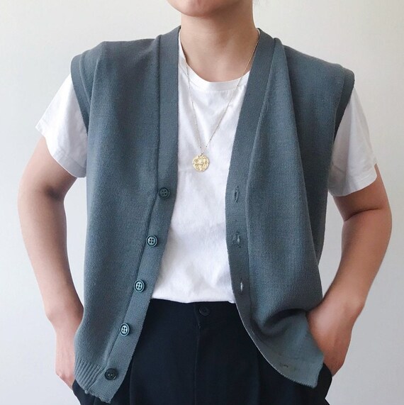 Vintage Wool Vest Wool Cardigan Cable Vest Sleeveless V-neck Blue 