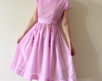 vintage dress handmade dress floral dress midi dress pink dress embroidered lace dress bouffant dress circle dress sun dress size S/M