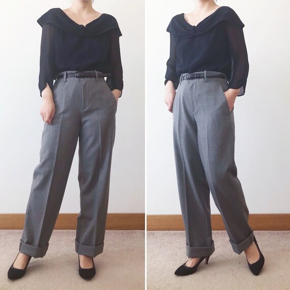 vintage wool pants high waist minimalist gray wid… - image 1