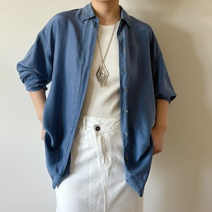 vintage silk blouse blue minimalist silk top silk shirt 90s retro vintage style capsule wardrobe button down unisex shirt size XS/S/M