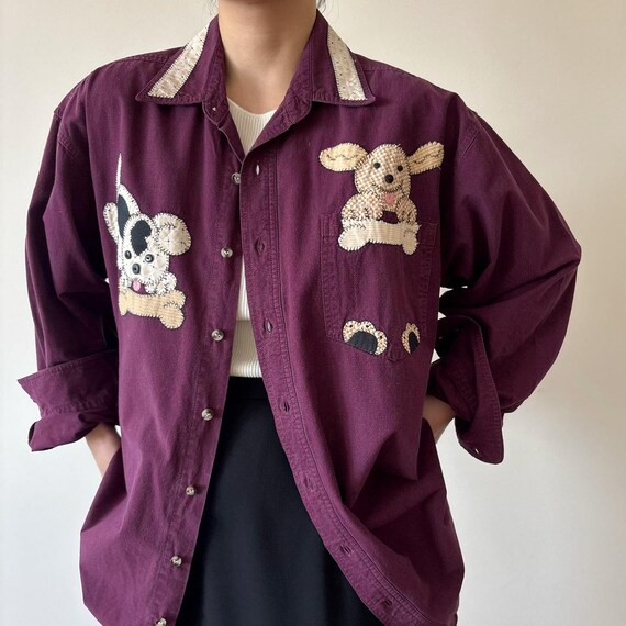 vintage blouse cotton button down shirt vintage top burgundy patched 90s retro vintage style embroidered dog puppy size L/2X View 5