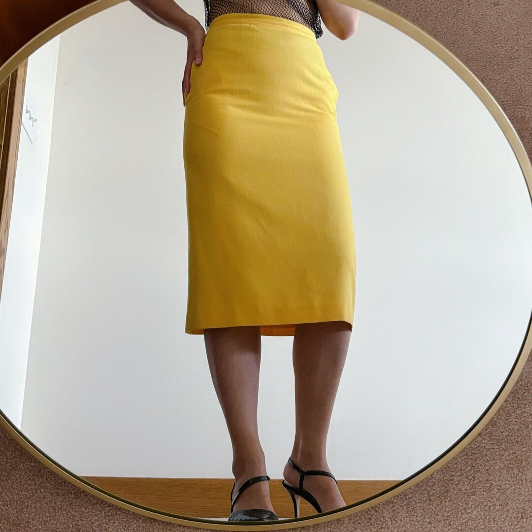 Pleated Skirts Womens Yellow Pencil Skirt Vintage Skirt Yellow