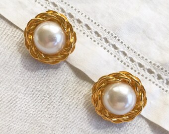 vintage earrings golden earrings statement earrings faux pearl golden chain studs