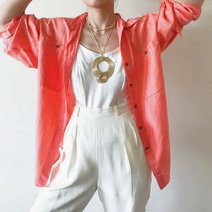 vintage silk blouse pink salmon minimalist silk top silk shirt classic design oversized capsule wardrobe button down shirt size S/M