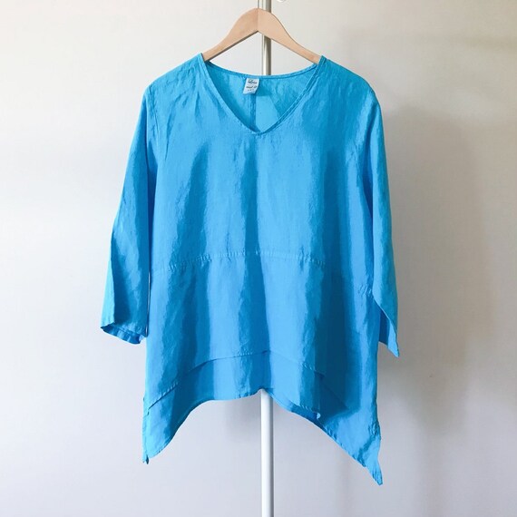 vintage linen blouse asymmetrical blue linen mini… - image 3