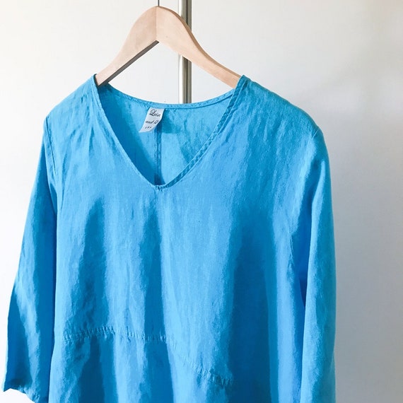 vintage linen blouse asymmetrical blue linen mini… - image 4
