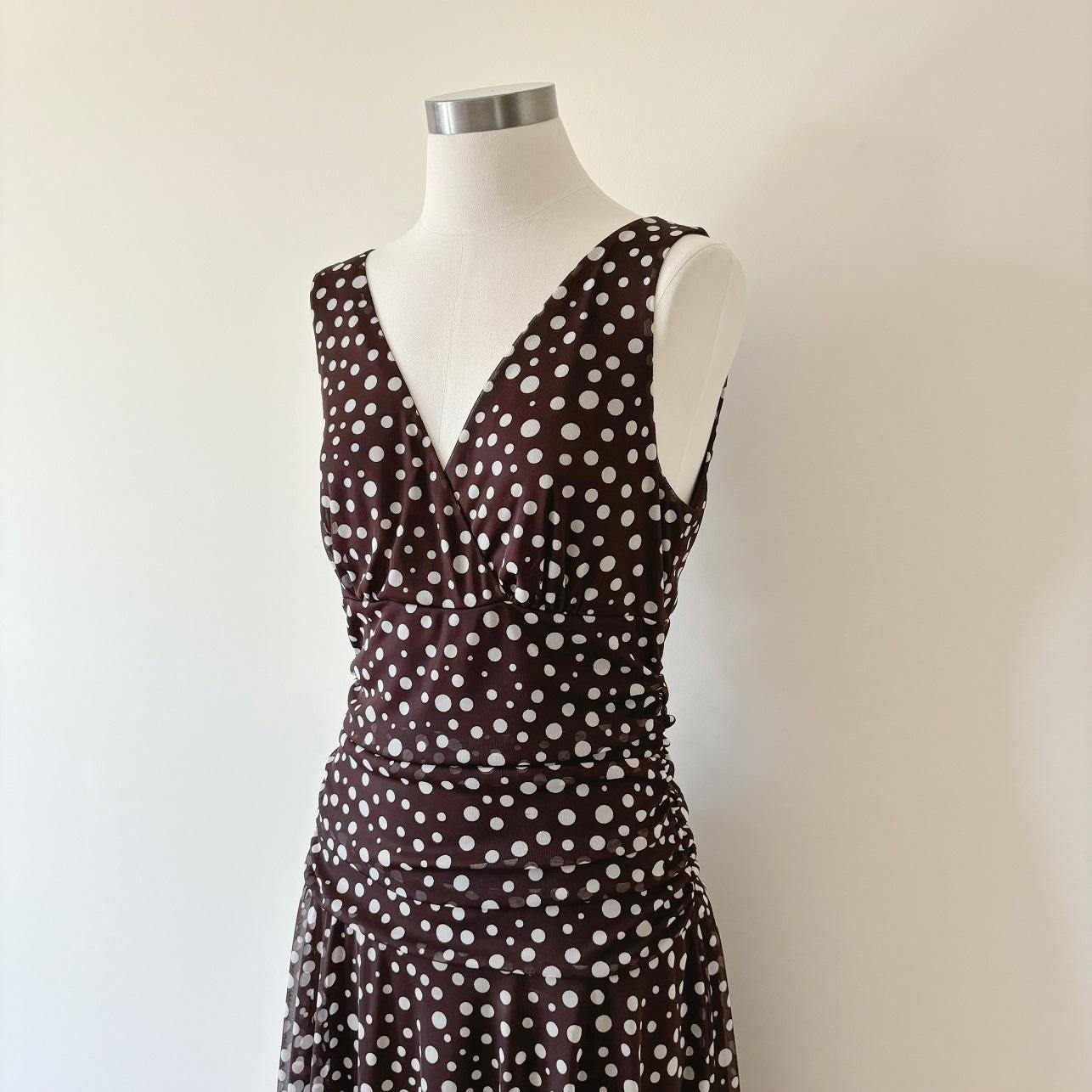 brown polka dot dress white house black market Davia Brown & White Polka Dot Midi Dress with Crescent Print, Pockets & Spaghetti Straps  Elegant & Versatile S