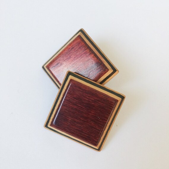 vintage wooden earrings wooden square wooden stud… - image 3