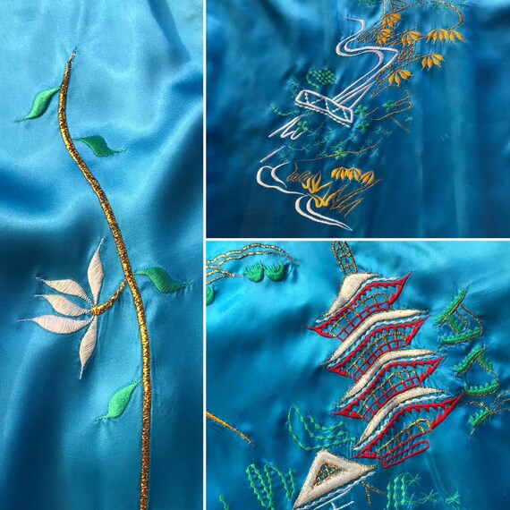 Vintage kimono satin robe oriental style blue kim… - image 8