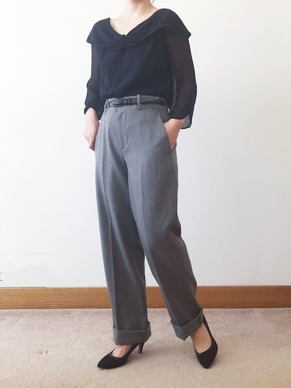 vintage wool pants high waist minimalist gray wid… - image 10