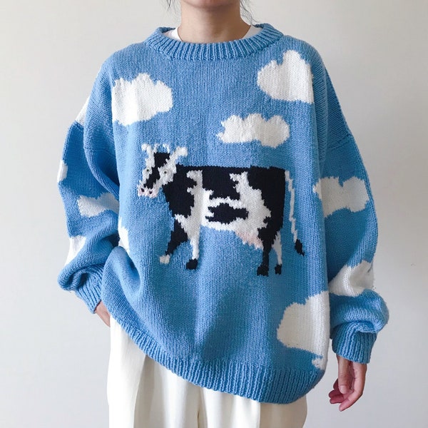 vintage sweater pullover sweater unisex sweater blue white animal print cow handmade sweater boxy oversized sweater cozy size L/XL