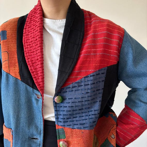 vintage jacket patchwork jacket denim blue red or… - image 2