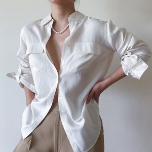 vintage silk blouse white minimalist silk top silk shirt classic design capsule wardrobe button down shirt size S/M